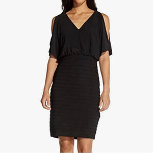 Adrianna Papell Women's Beaded Trim Pintucked Dress, Black Size 2 Stretch Formal